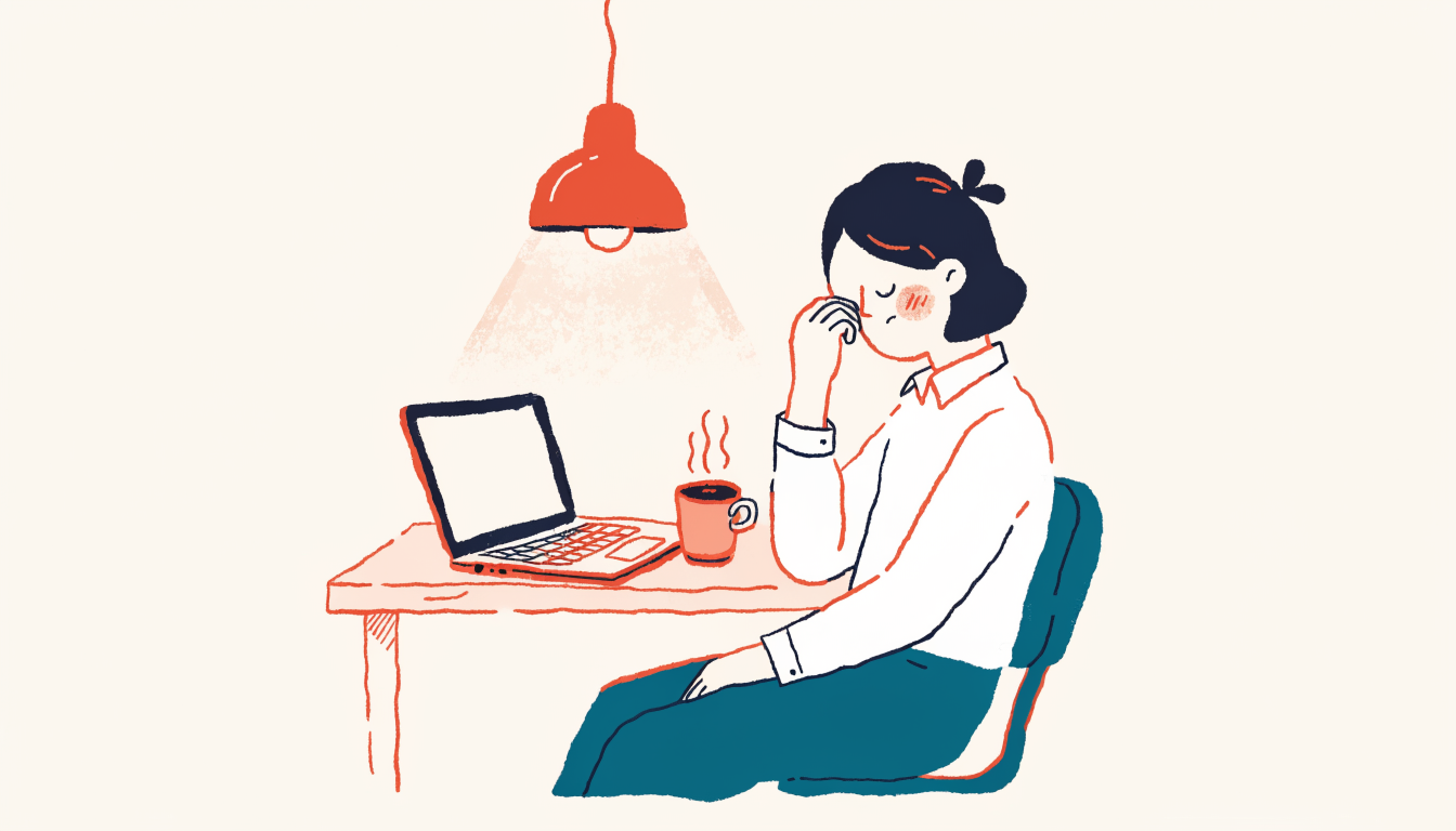 パソコンの前で目の疲れを感じる女性のイラスト
