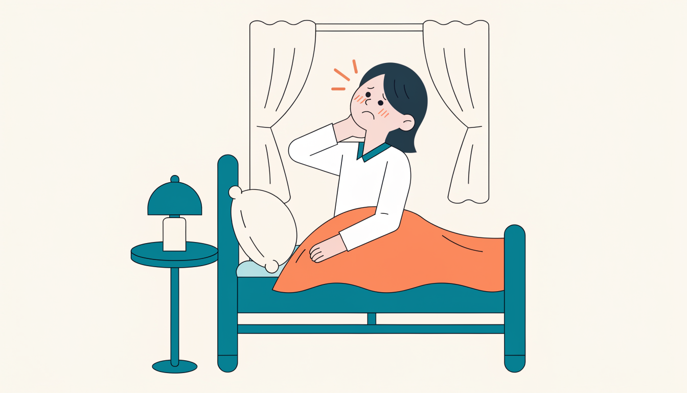 朝ベッドの上で首の痛みを感じる女性のイラスト