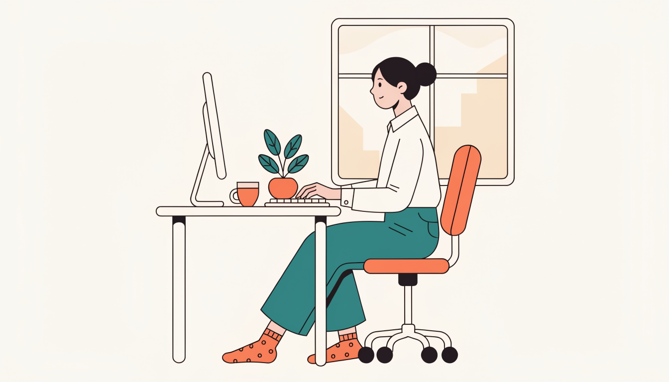 デスクで正しい姿勢でパソコン作業をする女性のイラスト